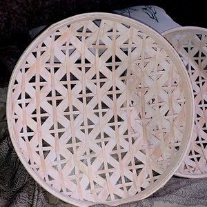 Pair of Woven wooden basket wall accents, white washed, 16”x16”